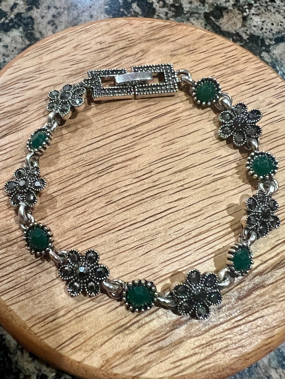 Sterling-Style Silver Floral Bracelet with Green Stones Size 6.5